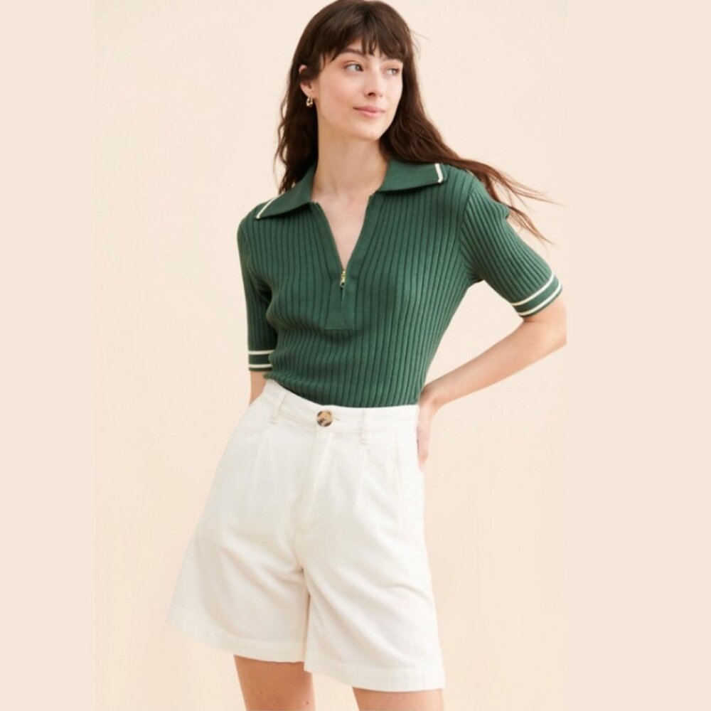 Varley Napier Fitted Knit Polo Sweater Dark Green S